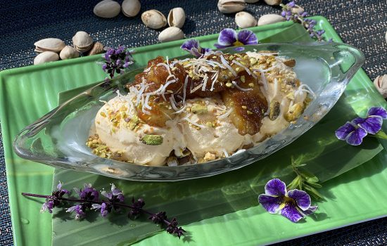Banana Flambé with California Pistachios and Shredded Coconut