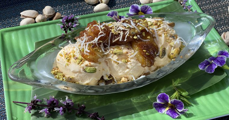 Banana Flambé with California Pistachios and Shredded Coconut