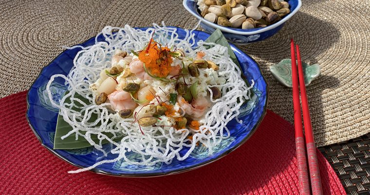 Pistachio Egg Puffs with Shrimp and Scallops